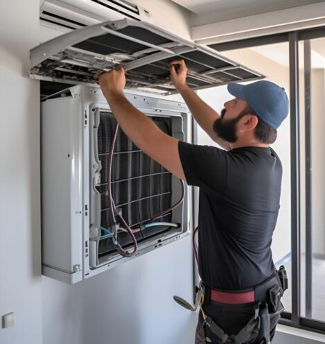 Technician Repairing Air Conditioner With Electrician Fixing Air Conditioner